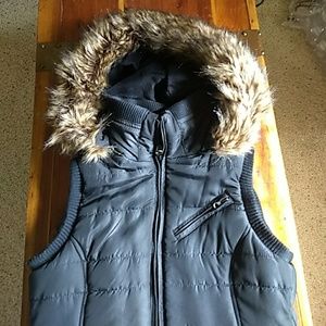 H2j Black Puffy Vest with Faux Fur Hood